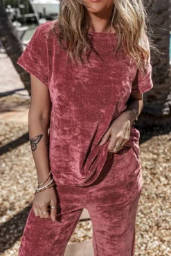 Online Dear-Lover Mineral Wash Corduroy Short Sleeve and Crop Pants Set Rose Pink