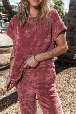 Online Dear-Lover Mineral Wash Corduroy Short Sleeve and Crop Pants Set Rose Pink