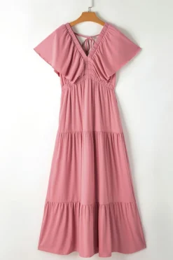 Fashion Dear-Lover Textured V Neck Flutter Sleeve Ruffled Maxi Dress Rose Pink
