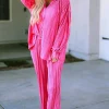 New Dear-Lover Pleated Long Sleeve Shirt and Wide-Leg Pants Set Rose