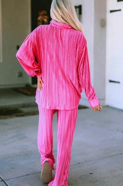 New Dear-Lover Pleated Long Sleeve Shirt and Wide-Leg Pants Set Rose