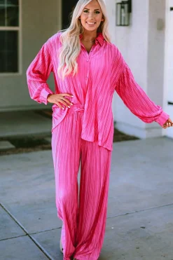 New Dear-Lover Pleated Long Sleeve Shirt and Wide-Leg Pants Set Rose