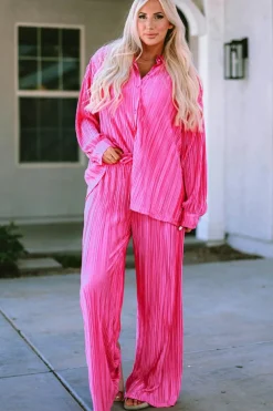 New Dear-Lover Pleated Long Sleeve Shirt and Wide-Leg Pants Set Rose