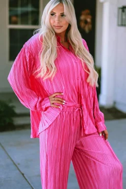 New Dear-Lover Pleated Long Sleeve Shirt and Wide-Leg Pants Set Rose
