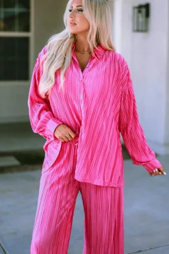 New Dear-Lover Pleated Long Sleeve Shirt and Wide-Leg Pants Set Rose