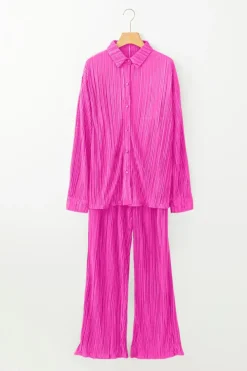 New Dear-Lover Pleated Long Sleeve Shirt and Wide-Leg Pants Set Rose