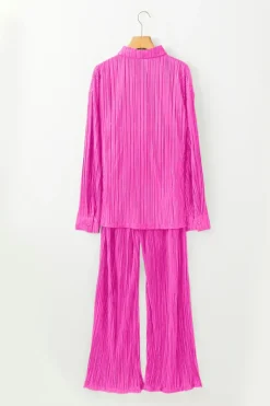 New Dear-Lover Pleated Long Sleeve Shirt and Wide-Leg Pants Set Rose