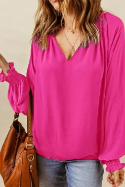 Discount Dear-Lover Pleated V Neck Puffy Sleeve Blouse Rose