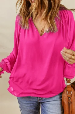 Discount Dear-Lover Pleated V Neck Puffy Sleeve Blouse Rose