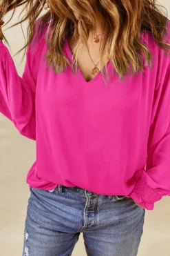 Discount Dear-Lover Pleated V Neck Puffy Sleeve Blouse Rose