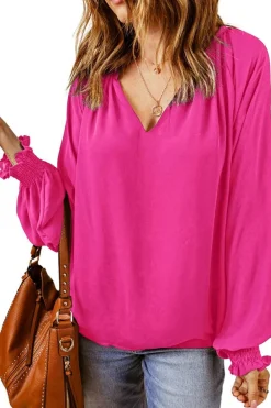 Discount Dear-Lover Pleated V Neck Puffy Sleeve Blouse Rose