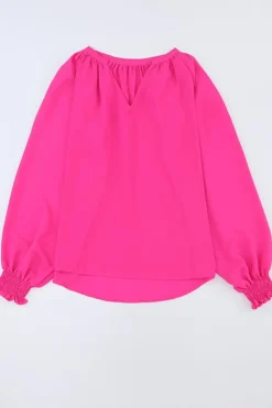 Discount Dear-Lover Pleated V Neck Puffy Sleeve Blouse Rose