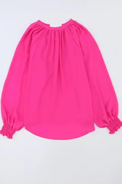 Discount Dear-Lover Pleated V Neck Puffy Sleeve Blouse Rose