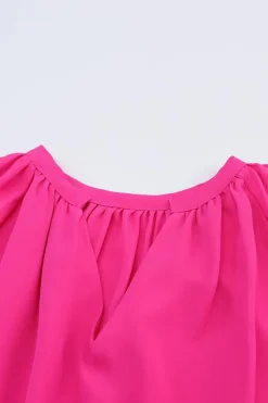 Discount Dear-Lover Pleated V Neck Puffy Sleeve Blouse Rose
