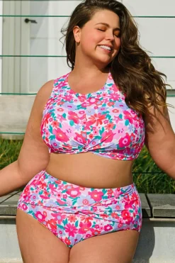 Clearance Dear-Lover Plus Size Floral Print Twisted High Waist Bikini Set Rose