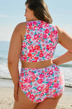 Clearance Dear-Lover Plus Size Floral Print Twisted High Waist Bikini Set Rose