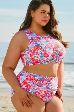 Clearance Dear-Lover Plus Size Floral Print Twisted High Waist Bikini Set Rose