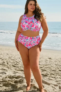 Clearance Dear-Lover Plus Size Floral Print Twisted High Waist Bikini Set Rose