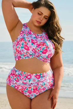 Clearance Dear-Lover Plus Size Floral Print Twisted High Waist Bikini Set Rose