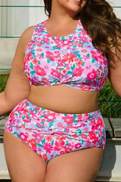 Clearance Dear-Lover Plus Size Floral Print Twisted High Waist Bikini Set Rose