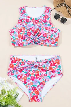 Clearance Dear-Lover Plus Size Floral Print Twisted High Waist Bikini Set Rose