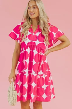 Sale Dear-Lover Polka Dot Flutter Sleeve Notched Neck Tiered Flowy Dress Rose