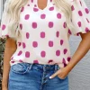 Hot Dear-Lover Polka Dot Print Shirred Yoke Notched Neck Balloon Sleeve Blouse Rose