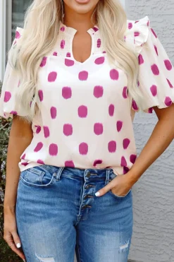 Hot Dear-Lover Polka Dot Print Shirred Yoke Notched Neck Balloon Sleeve Blouse Rose