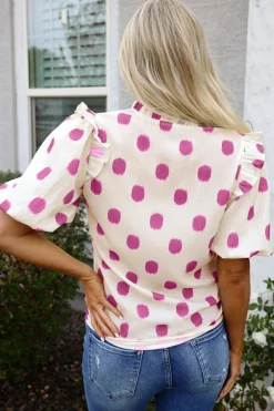 Hot Dear-Lover Polka Dot Print Shirred Yoke Notched Neck Balloon Sleeve Blouse Rose