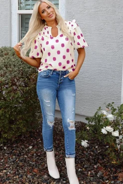 Hot Dear-Lover Polka Dot Print Shirred Yoke Notched Neck Balloon Sleeve Blouse Rose
