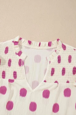 Hot Dear-Lover Polka Dot Print Shirred Yoke Notched Neck Balloon Sleeve Blouse Rose