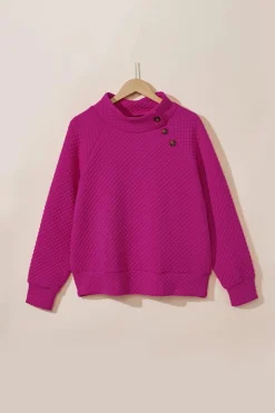 Discount Dear-Lover Rose Quilted Buttoned Neckline Stand Neck Pullover Sweatshirt Rose Red