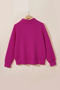 Discount Dear-Lover Rose Quilted Buttoned Neckline Stand Neck Pullover Sweatshirt Rose Red