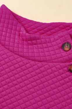 Discount Dear-Lover Rose Quilted Buttoned Neckline Stand Neck Pullover Sweatshirt Rose Red
