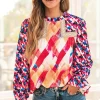 Sale Dear-Lover Abstract Geometric Pattern Patchwork Puff Sleeve Blouse Rose Red