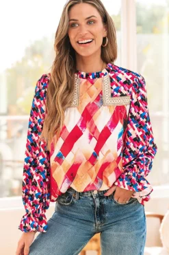 Sale Dear-Lover Abstract Geometric Pattern Patchwork Puff Sleeve Blouse Rose Red