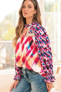 Sale Dear-Lover Abstract Geometric Pattern Patchwork Puff Sleeve Blouse Rose Red