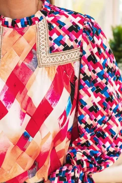 Sale Dear-Lover Abstract Geometric Pattern Patchwork Puff Sleeve Blouse Rose Red