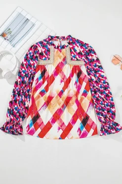 Sale Dear-Lover Abstract Geometric Pattern Patchwork Puff Sleeve Blouse Rose Red