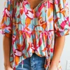 Online Dear-Lover Abstract Print Drawstring V Neck Half Sleeve Blouse Rose Red