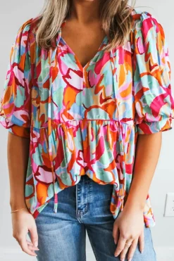 Online Dear-Lover Abstract Print Drawstring V Neck Half Sleeve Blouse Rose Red