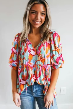 Online Dear-Lover Abstract Print Drawstring V Neck Half Sleeve Blouse Rose Red