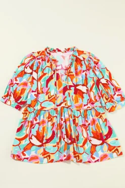Online Dear-Lover Abstract Print Drawstring V Neck Half Sleeve Blouse Rose Red
