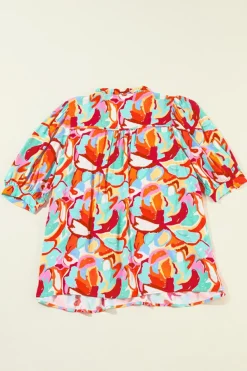 Online Dear-Lover Abstract Print Drawstring V Neck Half Sleeve Blouse Rose Red