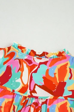 Online Dear-Lover Abstract Print Drawstring V Neck Half Sleeve Blouse Rose Red