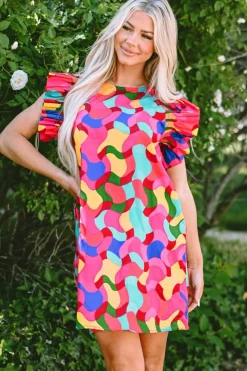 Clearance Dear-Lover Abstract Print Ruffle Sleeve Shift Dress Rose Red