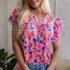Hot Dear-Lover Abstract Print Ruffled Sleeve V Neck Blouse Rose Red