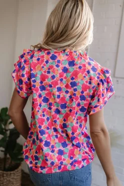 Hot Dear-Lover Abstract Print Ruffled Sleeve V Neck Blouse Rose Red