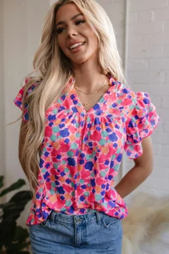Hot Dear-Lover Abstract Print Ruffled Sleeve V Neck Blouse Rose Red