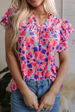 Hot Dear-Lover Abstract Print Ruffled Sleeve V Neck Blouse Rose Red
